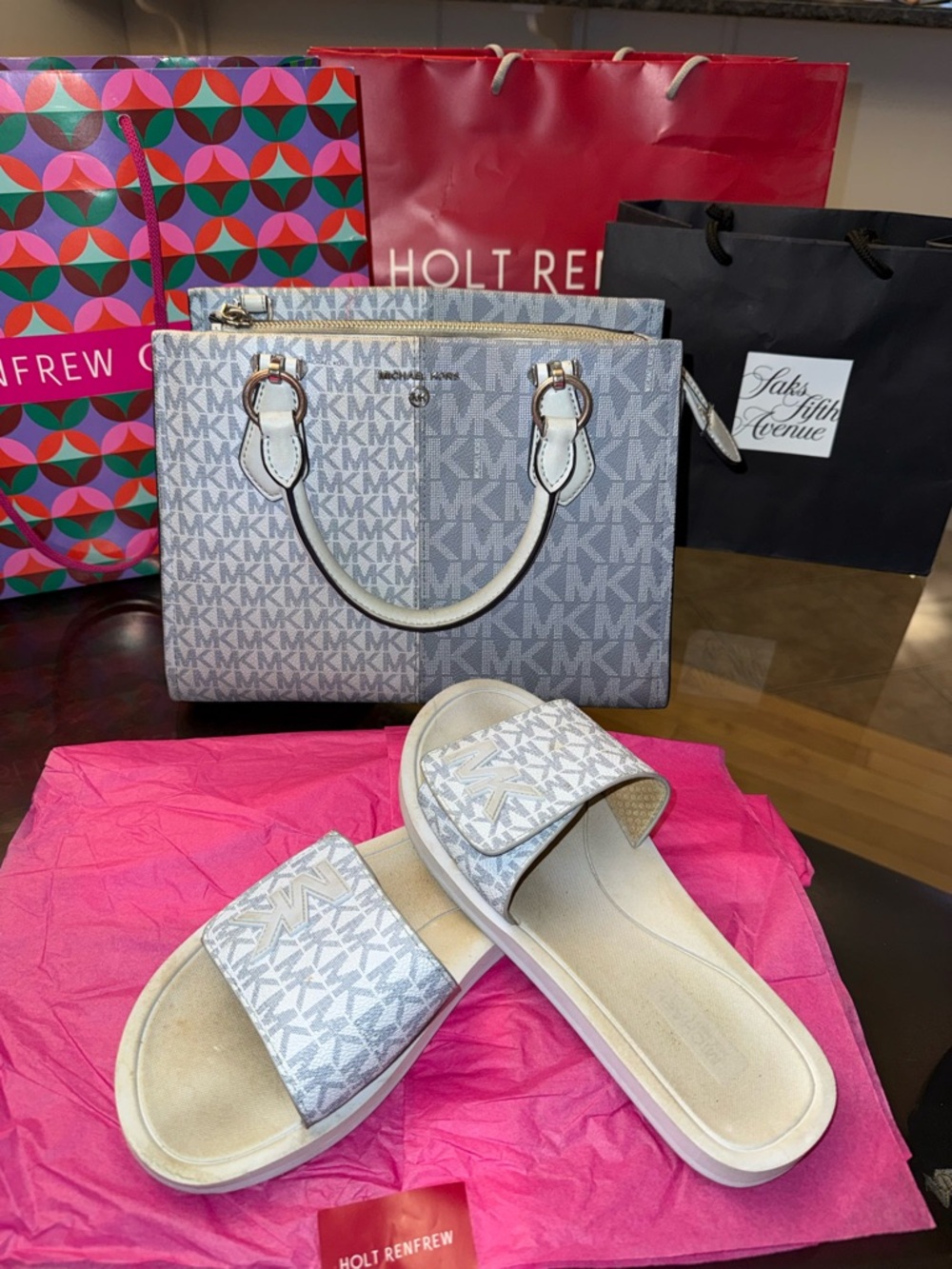Michael Kors Blue Monogram Tote with Matching Slide Sandals